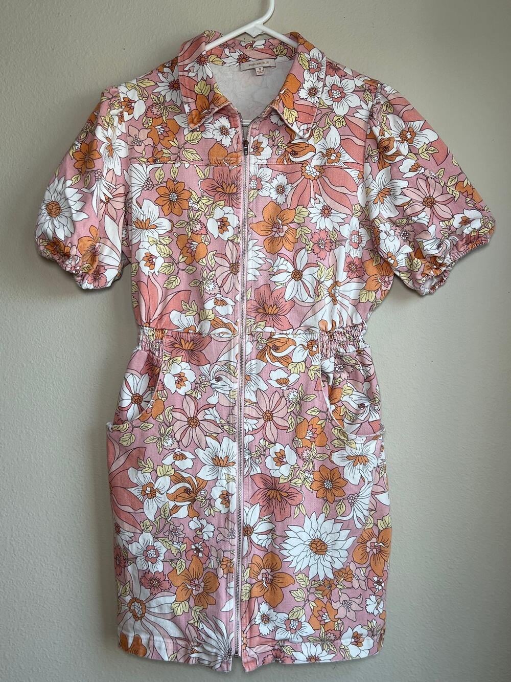 Skies Are Blue Retro Floral Stretch Denim Zip Front Smocked Mini Dress Medium